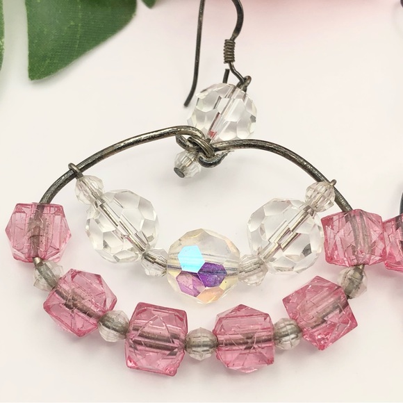 Handmade Artisan Beaded Sterling Silver Hoop Dangle Earrings Barbiecore Pink AB - Picture 5 of 12